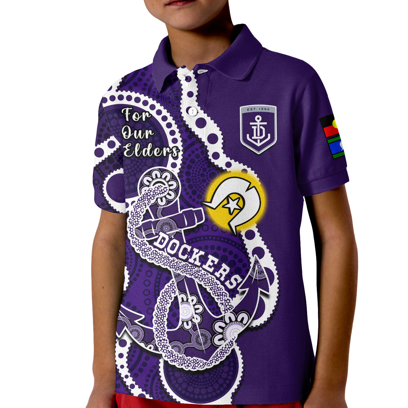 (Custom Text And Number) Fremantle Football NAIDOC 2023 Polo Shirt KID Dockers For Our Elders Indigenous Art - Vibe Hoodie Shop