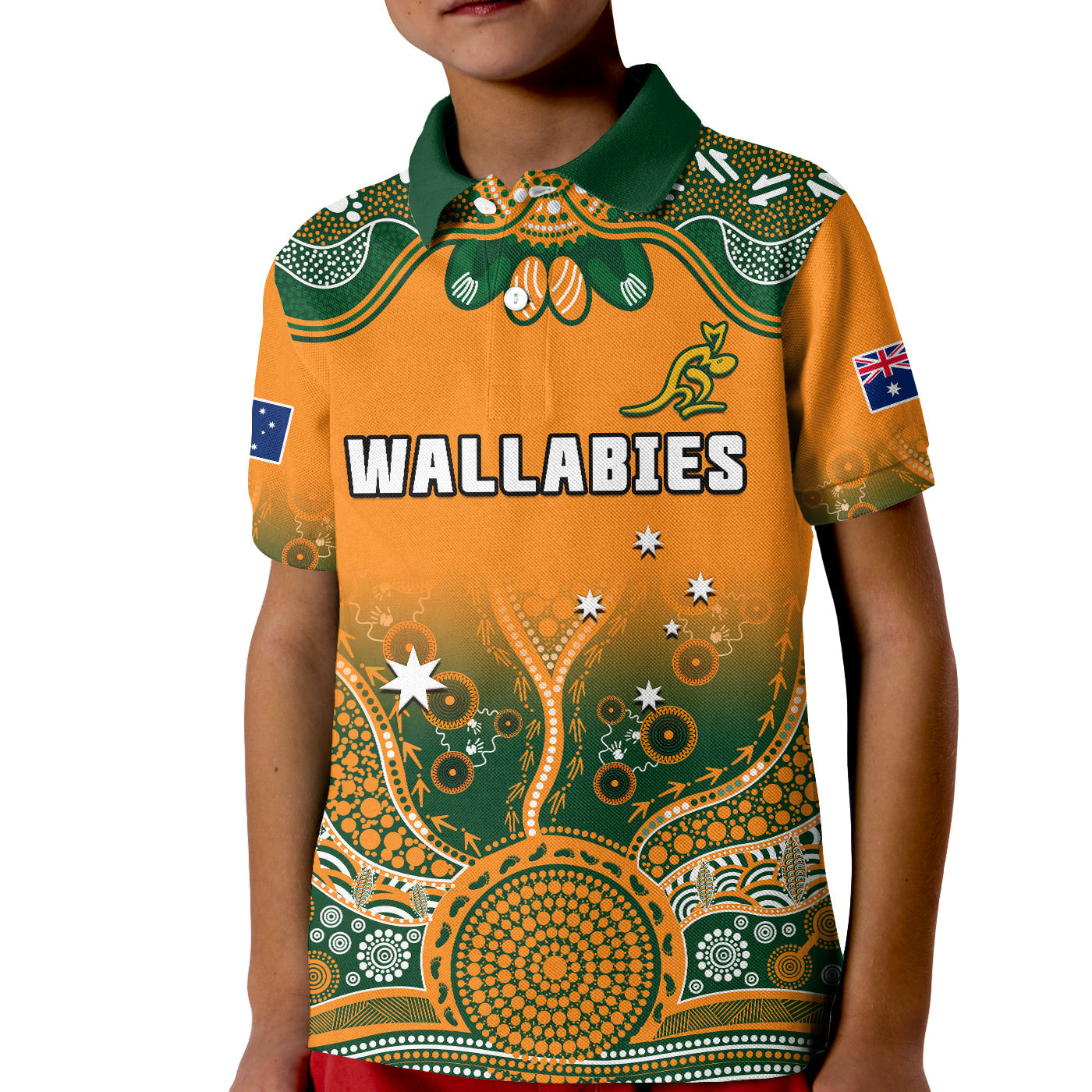 (Custom Text And Number) Australia Rugby Polo Shirt KID Wallabies Kangaroo Orange Aboriginal - Vibe Hoodie Shop