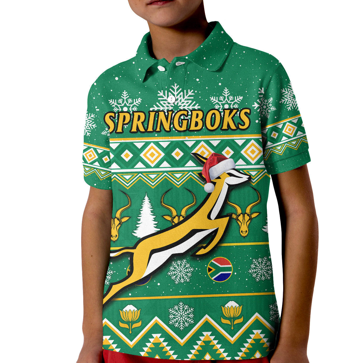 (Custom Personalised) South Africa Rugby Christmas Polo Shirt KID Springboks Geseende Kersfees - Vibe Hoodie Shop