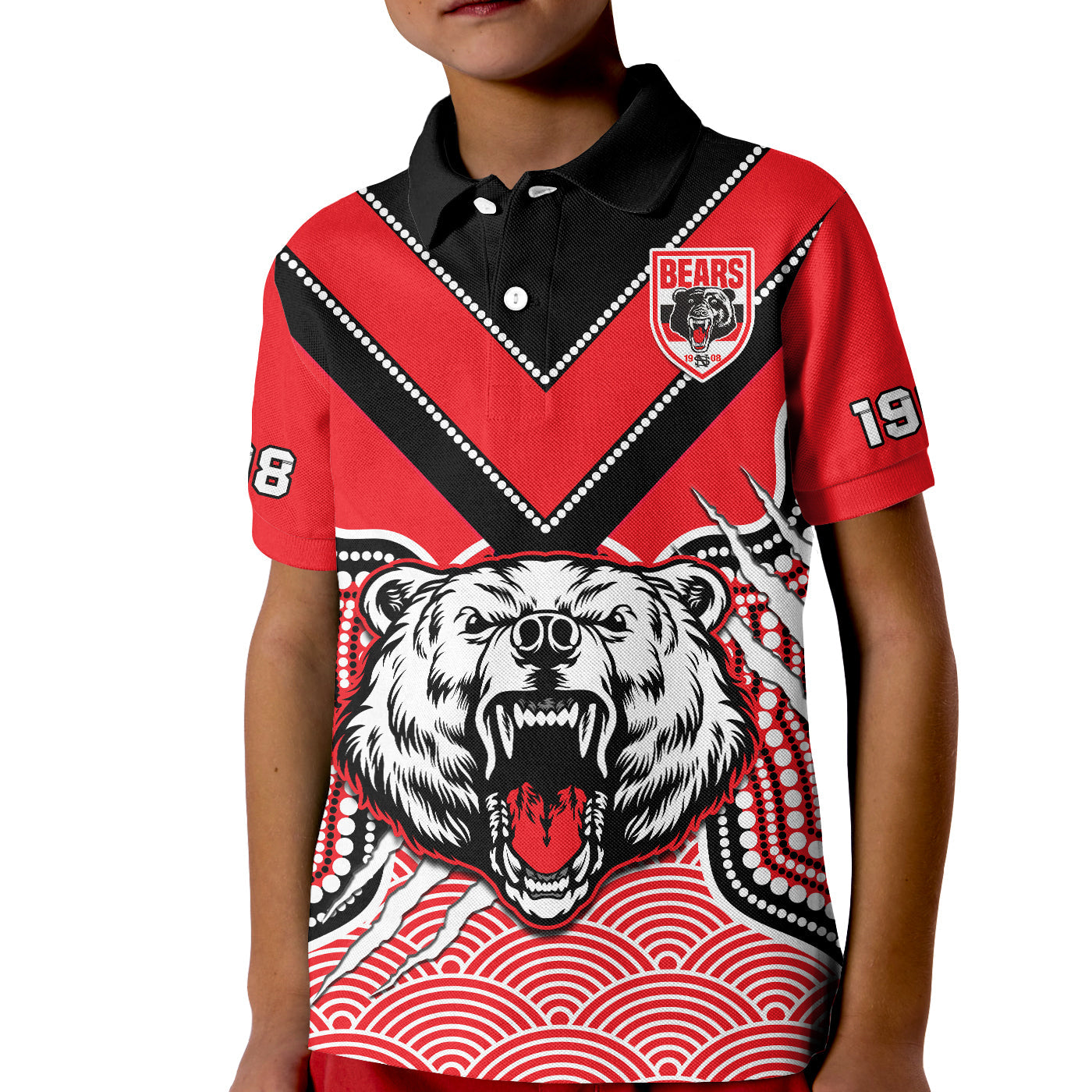 (Custom Text And Number) North Sydney Rugby Polo Shirt KID Bears 1908 Indigenous Pattern - Vibe Hoodie Shop