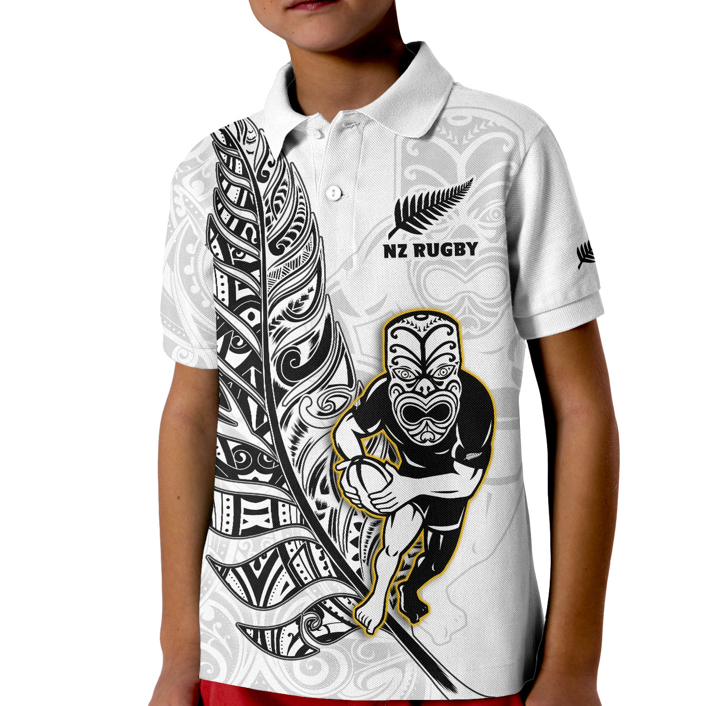 (Custom Text And Number) New Zealand Silver Fern Rugby Polo Shirt KID All Black Maori Version White - Vibe Hoodie Shop