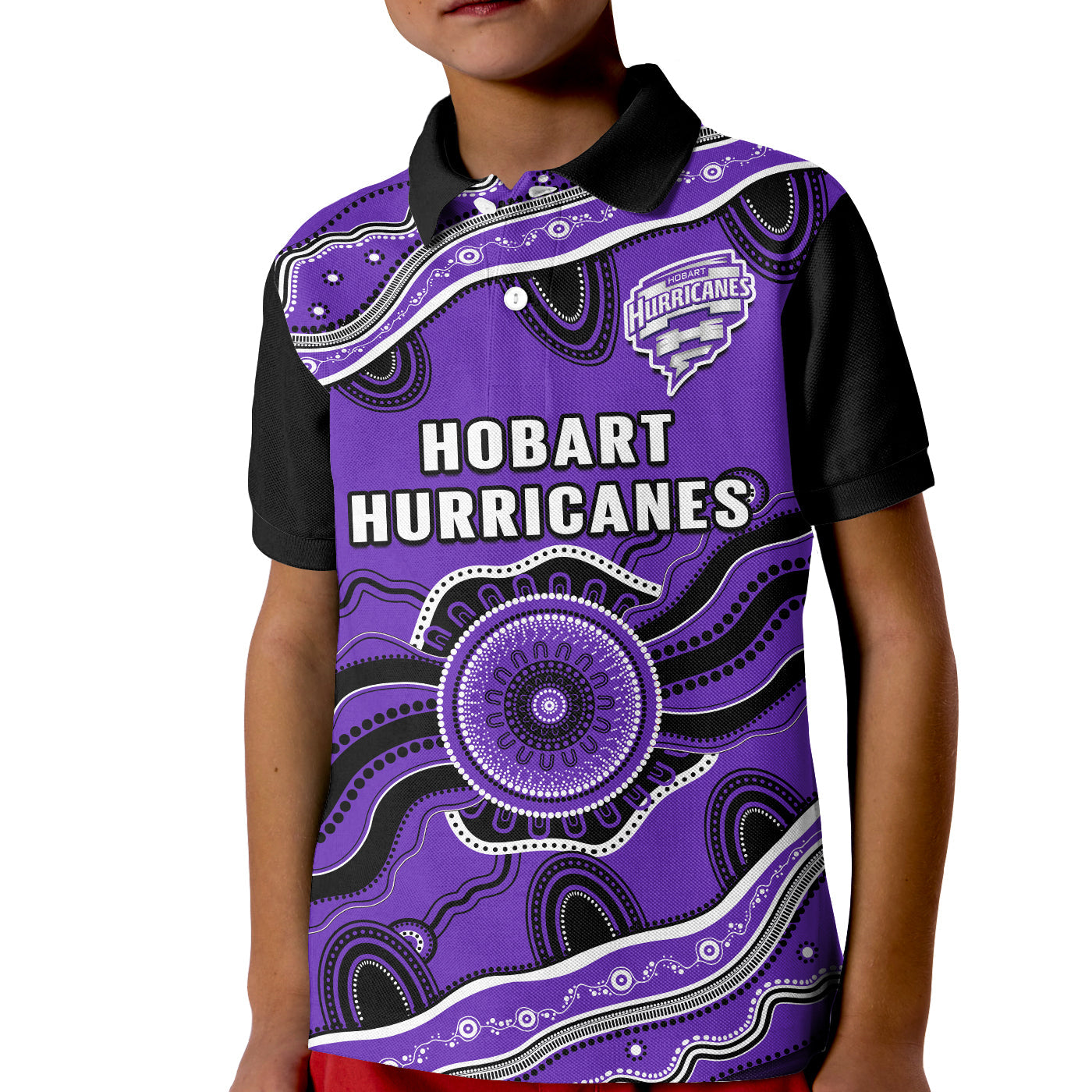 (Custom Text And Number) Hurricanes Cricket Polo Shirt KID Hobart Aboriginal Painting - Vibe Hoodie Shop