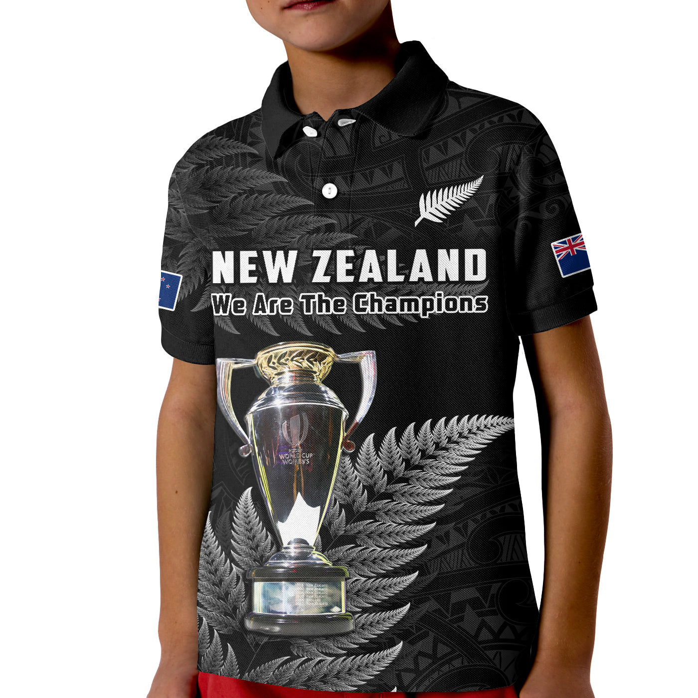 (Custom Personalised) New Zealand 2022 Rugby Polo Shirt KID Black Fern Proud Champions RWC - Vibe Hoodie Shop