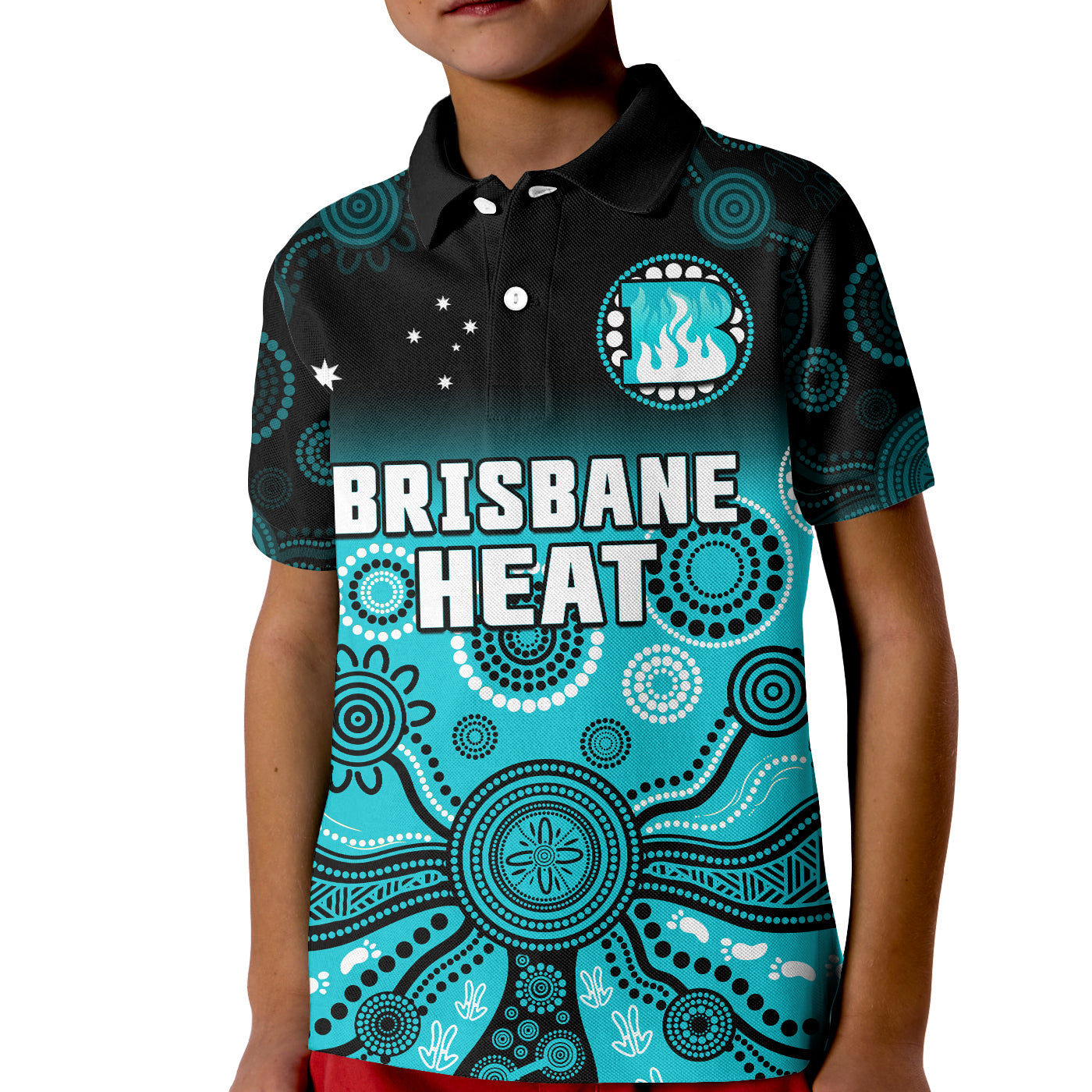 (Custom Text And Number) Brisbane Heat Polo Shirt KID Gradient Aboriginal Dot Painting - Vibe Hoodie Shop