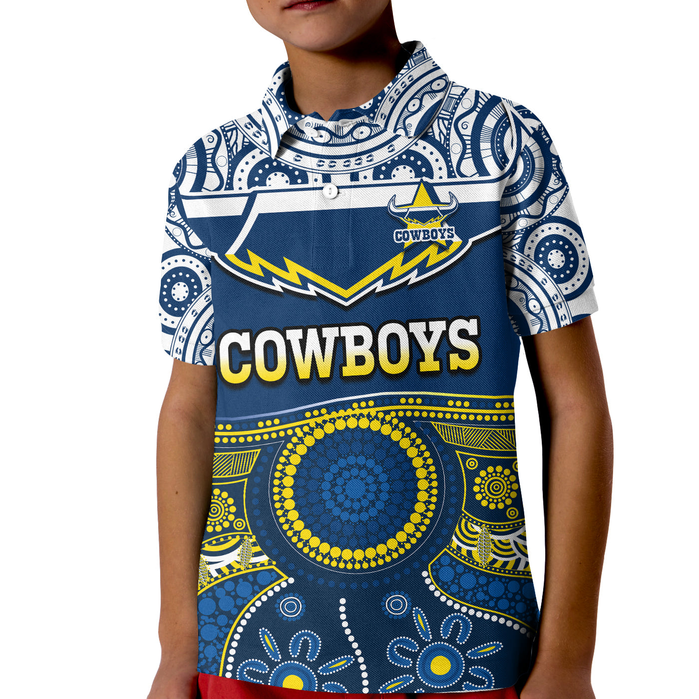 (Custom Text And Number) Cowboys Rugby Polo Shirt KID Aboriginal Art - Vibe Hoodie Shop