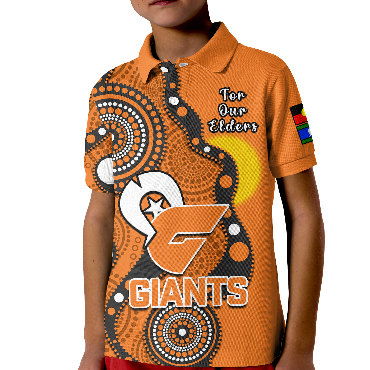 (Custom Text And Number) GWS Giants Football NAIDOC 2023 Polo Shirt KID Indigenous For Our Elders - Vibe Hoodie Shop