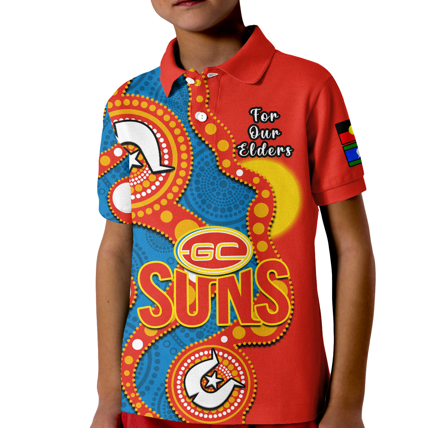 (Custom Text And Number) Gold Coast Football NAIDOC 2023 Polo Shirt KID Suns Indigenous For Our Elders - Vibe Hoodie Shop