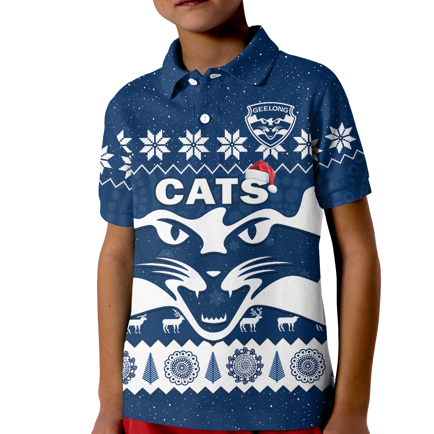 (Custom Personalised) Cats Football Christmas Polo Shirt KID Geelong Aboriginal Painting - Vibe Hoodie Shop