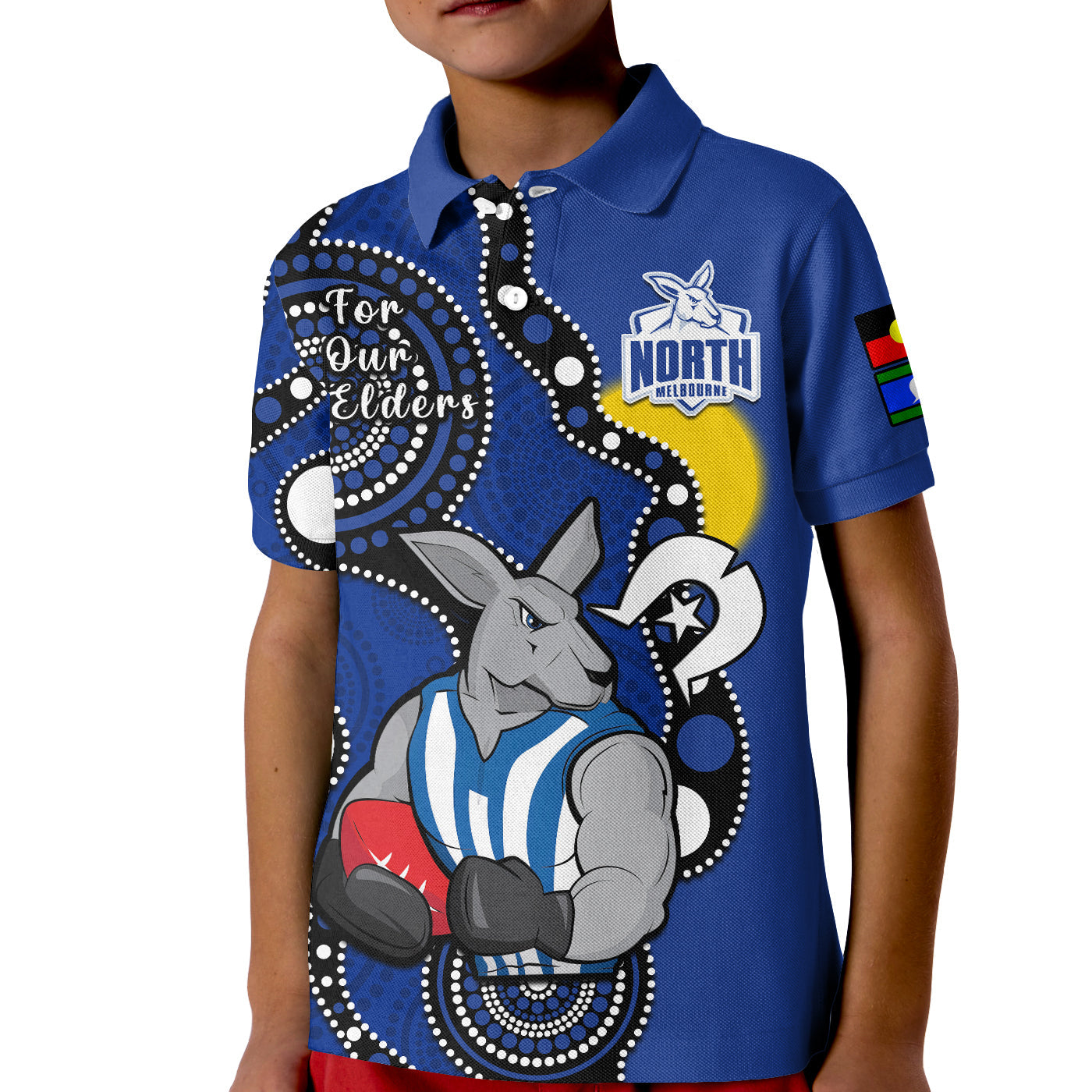 (Custom Text And Number) North Melbourne Football NAIDOC 2023 Polo Shirt KID Roos For Our Elders Indigenous - Vibe Hoodie Shop