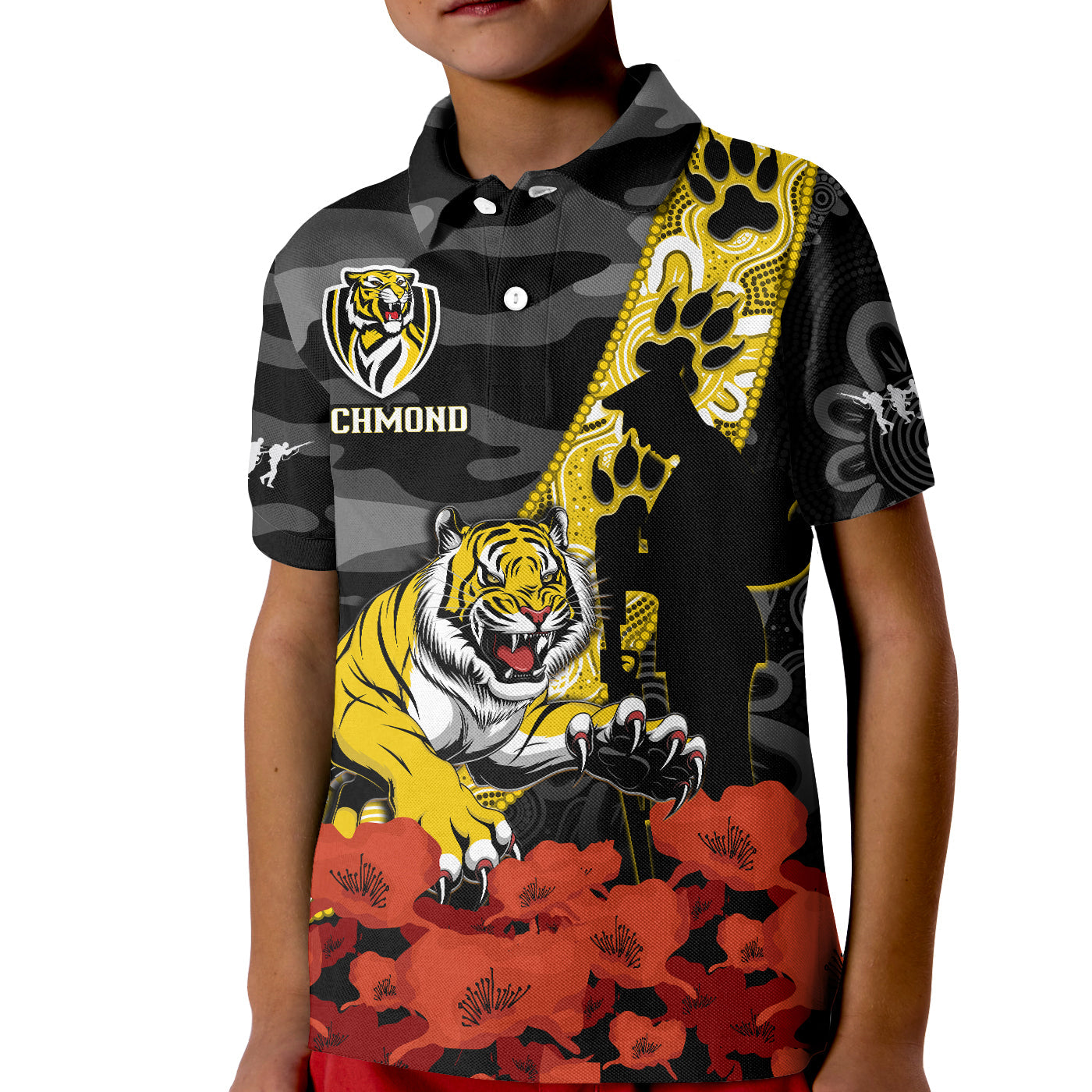 Richmond Football ANZAC 2023 Polo Shirt Tigers Aboriginal Mix Poppy Camouflage - Vibe Hoodie Shop