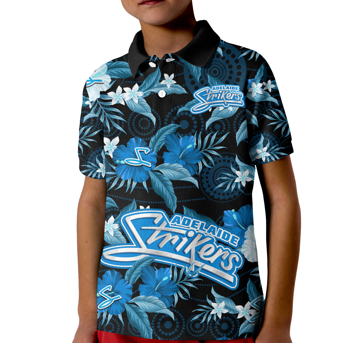 (Custom Text And Number) Adelaide Strikers Cricket Polo Shirt KID Aboriginal Art Mix Tropical Flowers - Vibe Hoodie Shop