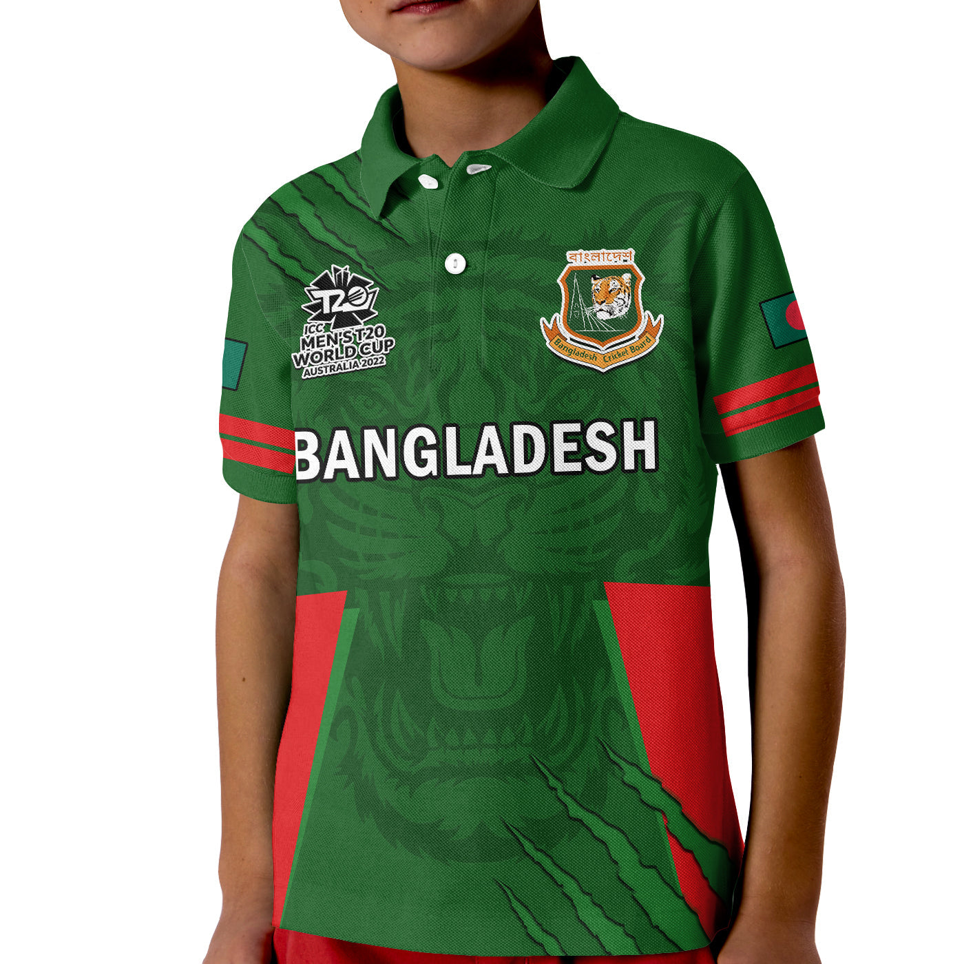 (Custom Text And Number) Bangladesh Cricket Polo Shirt KID Tigers 2022 Mens T20 World Cup - Vibe Hoodie Shop