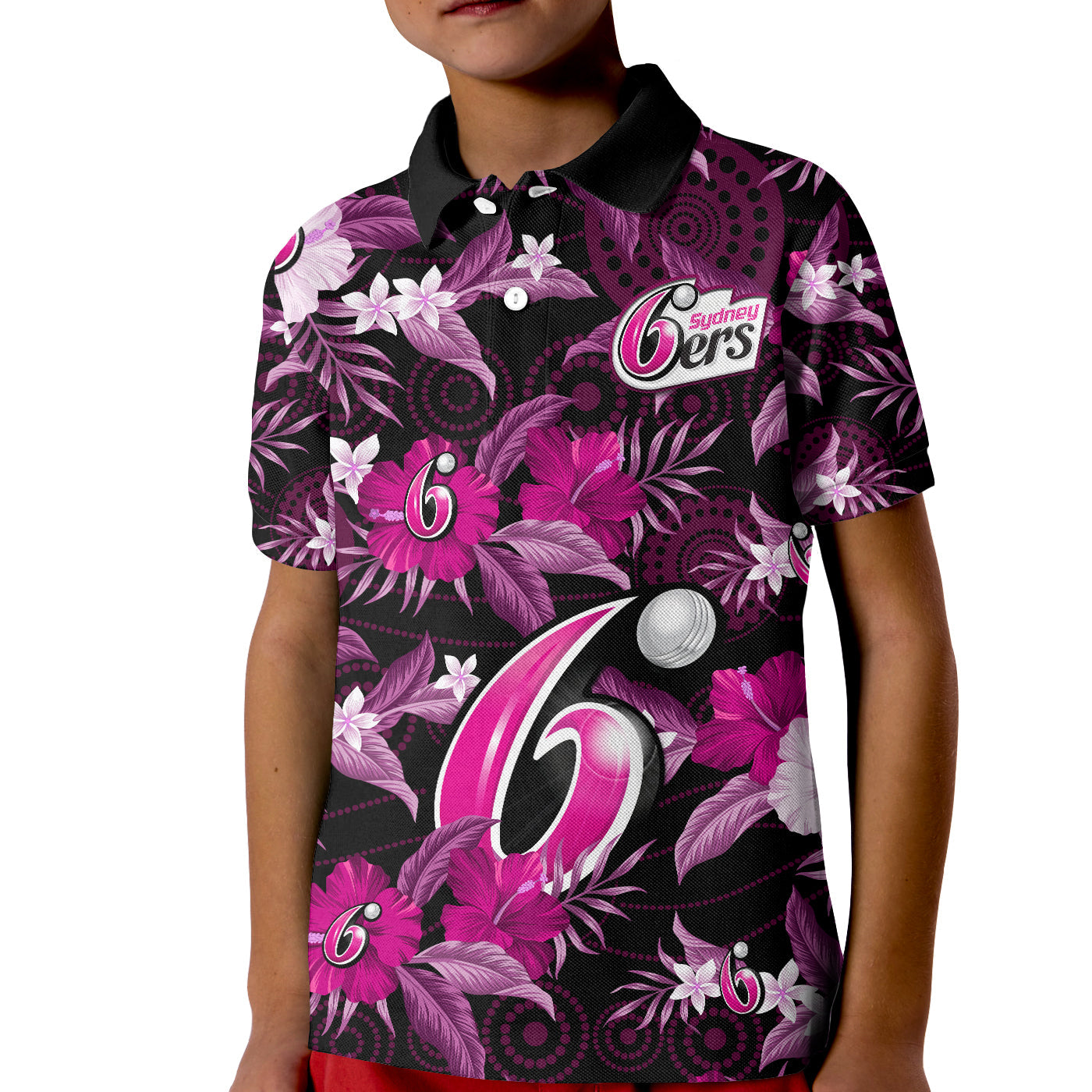 (Custom Text And Number) Sydney Sixers Cricket Polo Shirt Aboriginal Art Mix Tropical Flowers - Vibe Hoodie Shop