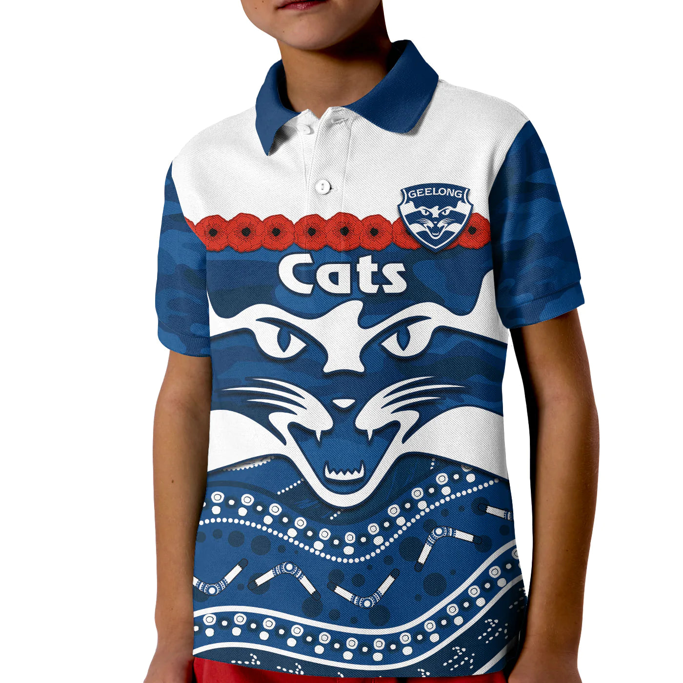 (Custom Text And Number) Cats Football ANZAC Polo Shirt KID Geelong Camouflage Poppy Mix Aboriginal - Vibe Hoodie Shop