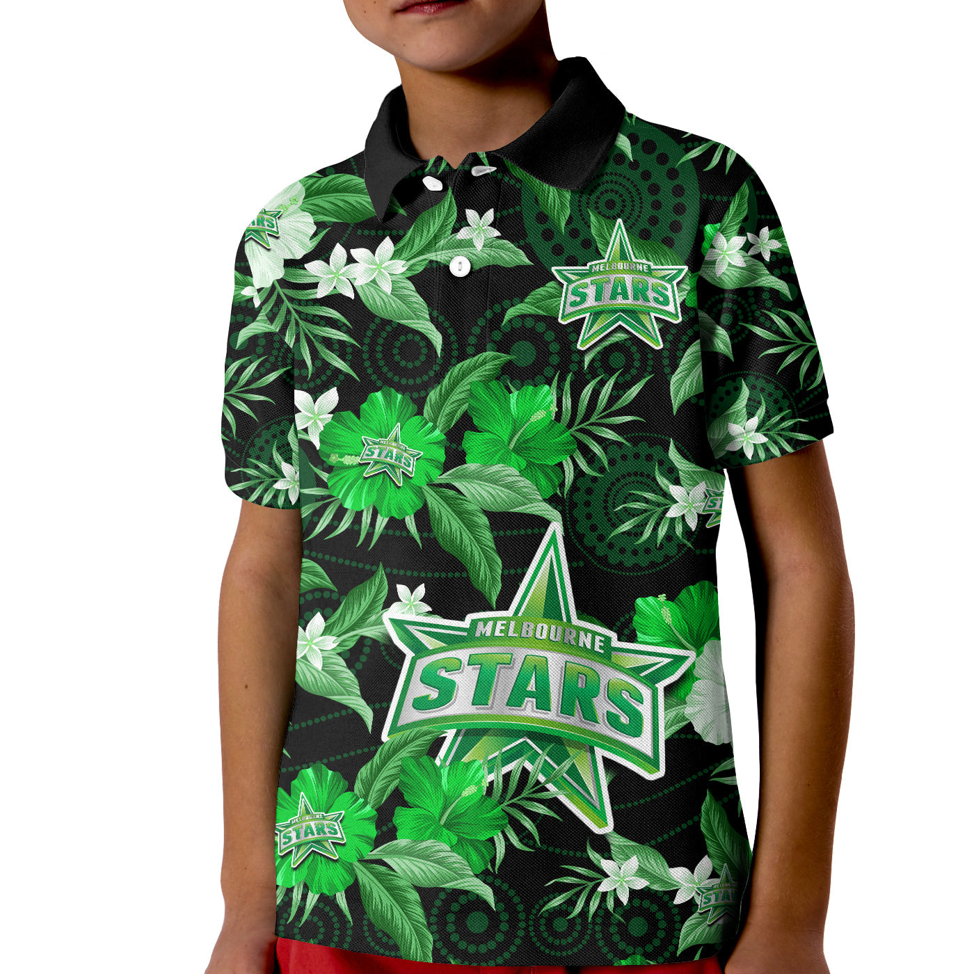 (Custom Text And Number) Melbourne Stars Cricket Polo Shirt Aboriginal Art Mix Tropical Flowers - Vibe Hoodie Shop