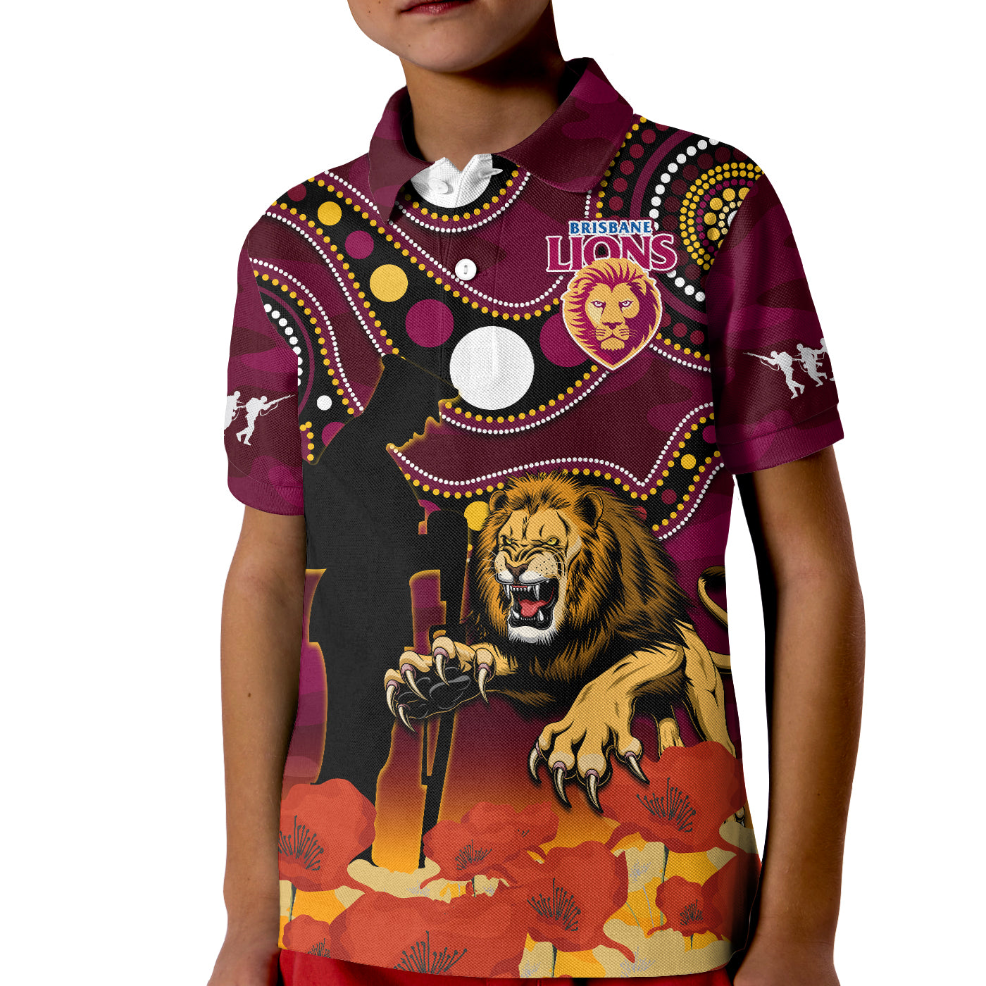 (Custom Text And Number) Brisbane Lions Football ANZAC 2023 Polo Shirt KID Aboriginal Mix Poppy Camouflage - Vibe Hoodie Shop