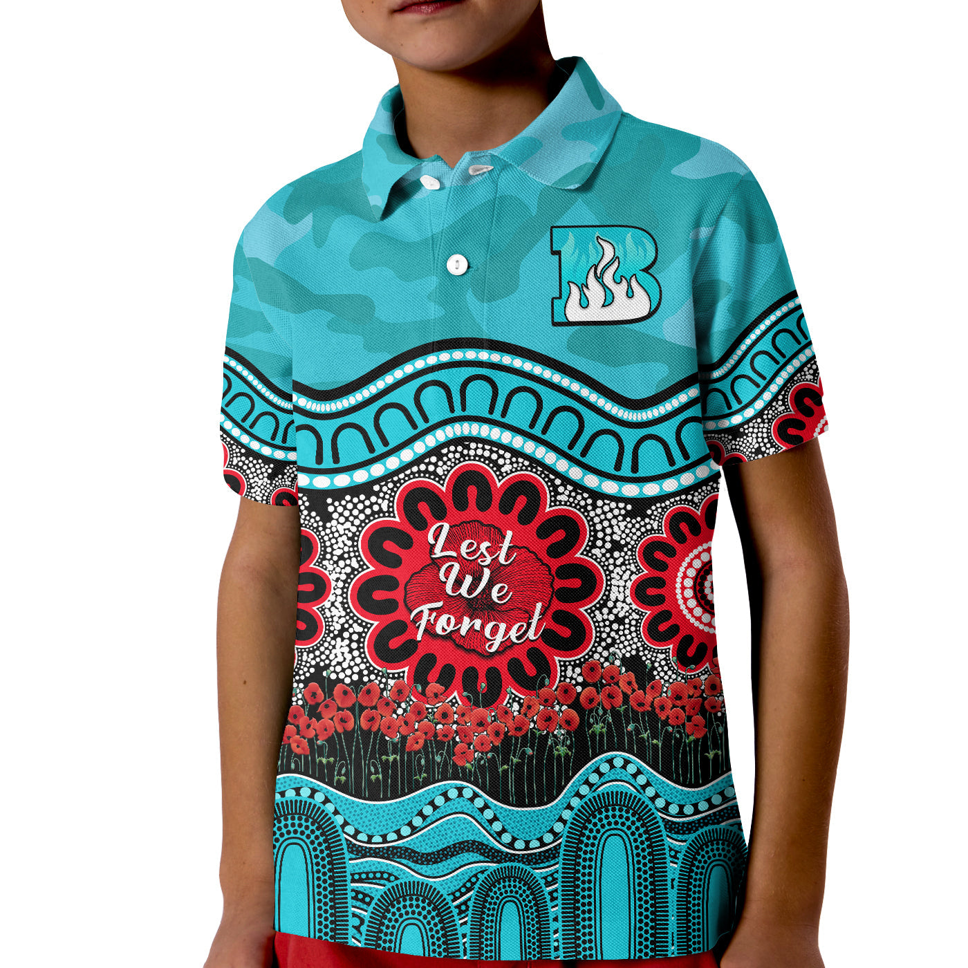 (Custom Text And Number) Brisbane Heat Cricket ANZAC Polo Shirt KID Poppy Aboriginal Camouflage - Vibe Hoodie Shop