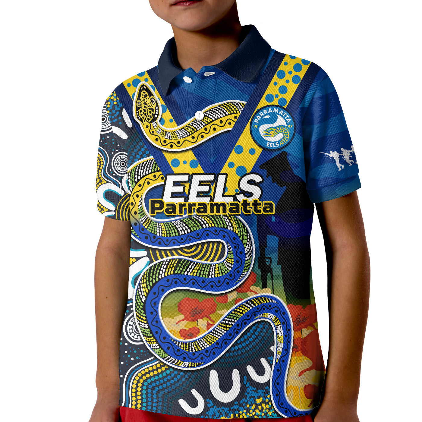 (Custom Text And Number) Eels Rugby ANZAC 2023 Polo Shirt KID Aboriginal Mix Poppy Lest We Forget - Vibe Hoodie Shop