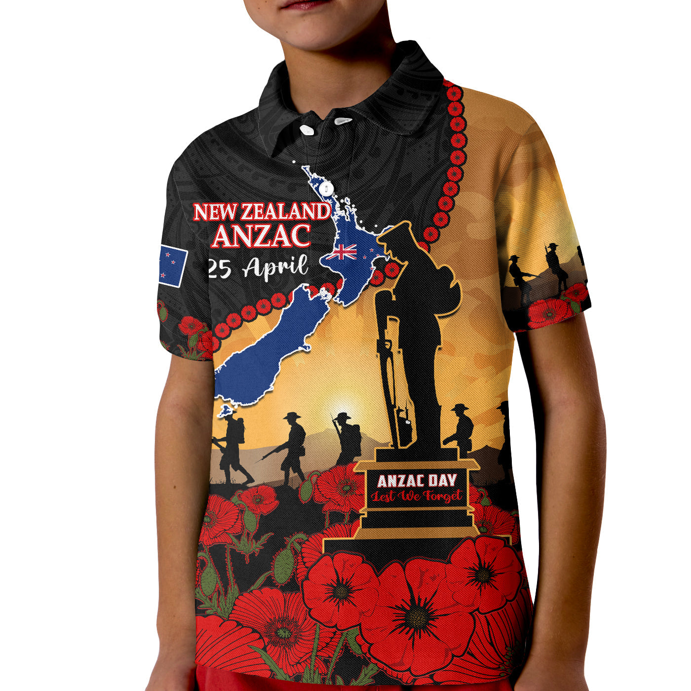 (Custom Personalised) New Zealand Anzac Polo Shirt KID Maori Camouflage Mix Poppies We Will Remember Them - Vibe Hoodie Shop