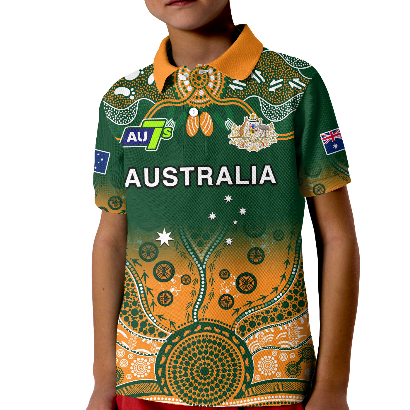 (Custom Text And Number) Australia Rugby Polo Shirt KID Aussie Sevens Green Indigenous - Vibe Hoodie Shop