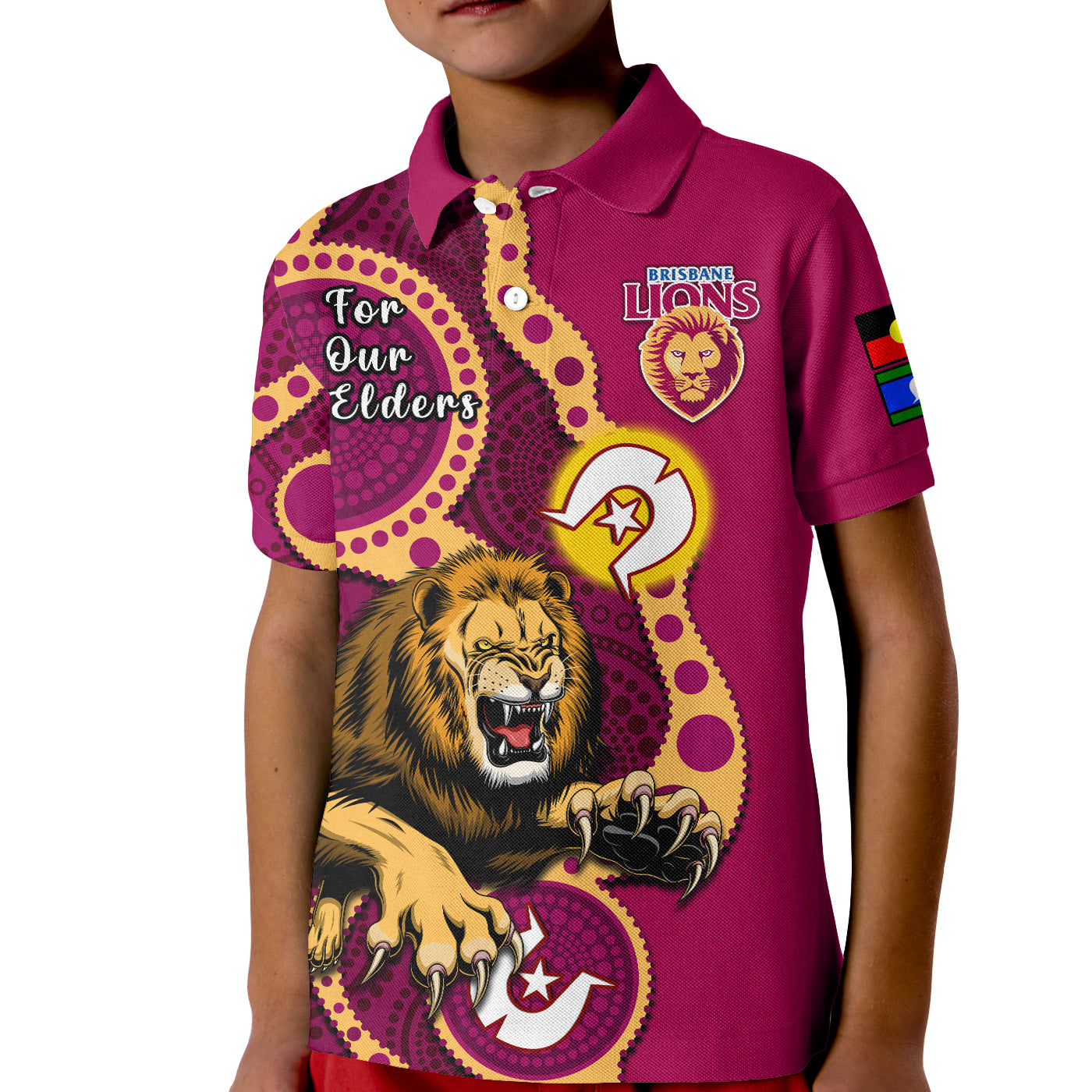 (Custom Text And Number) Brisbane Lions Football NAIDOC 2023 Polo Shirt KID For Our Elders Indigenous Art - Vibe Hoodie Shop