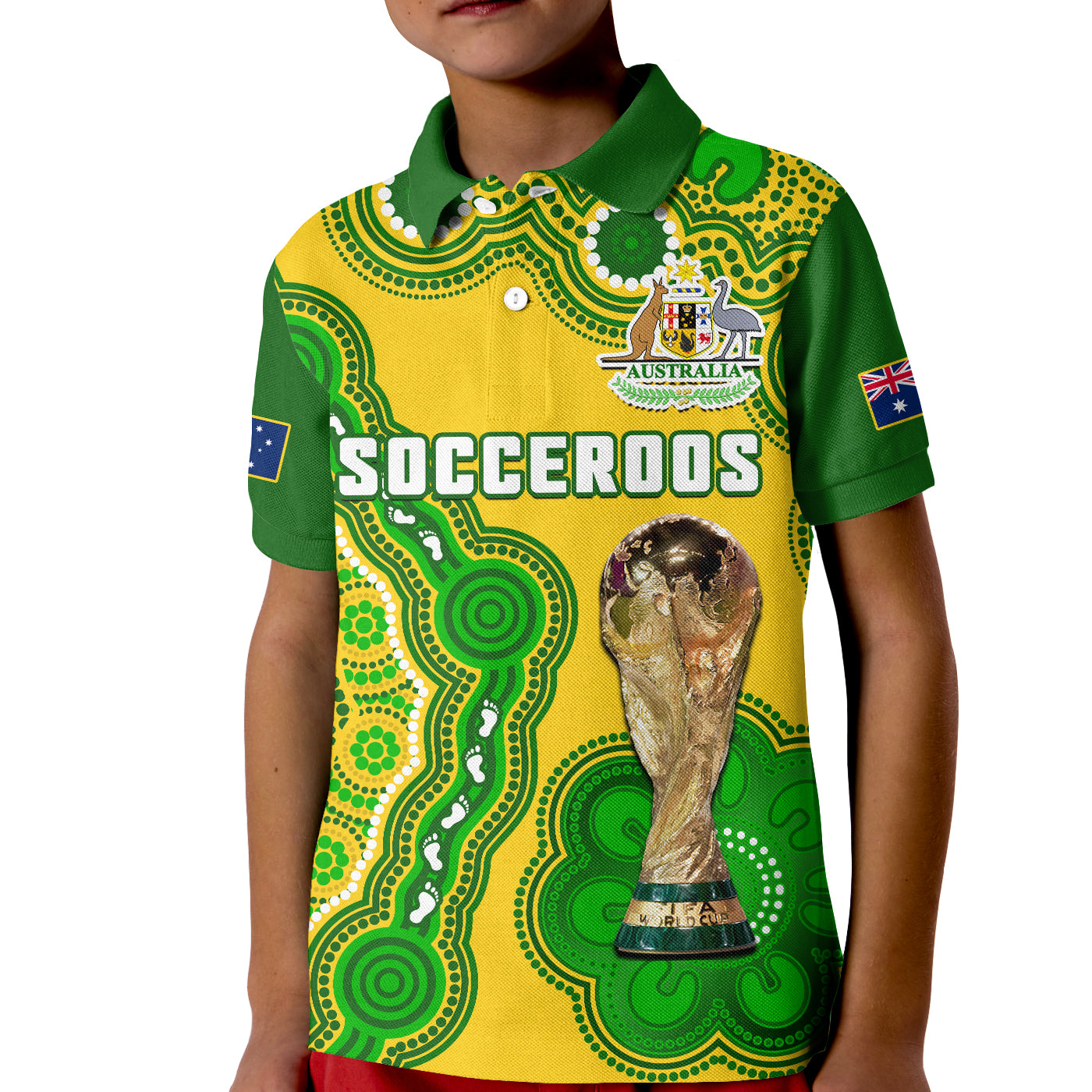 (Custom Text And Number) Australia Soccer Polo Shirt KID Socceroos Aboriginal WC 2022 - Vibe Hoodie Shop