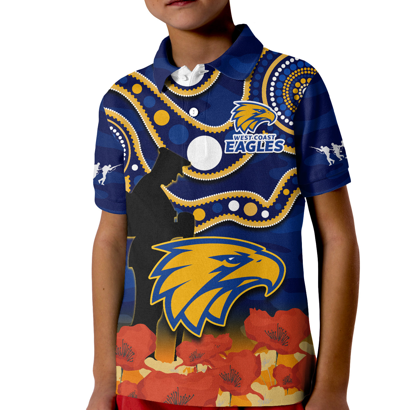 (Custom Text And Number) Eagles Football ANZAC 2023 Polo Shirt KID West Coast Indigenous Mix Poppy Camouflage - Vibe Hoodie Shop