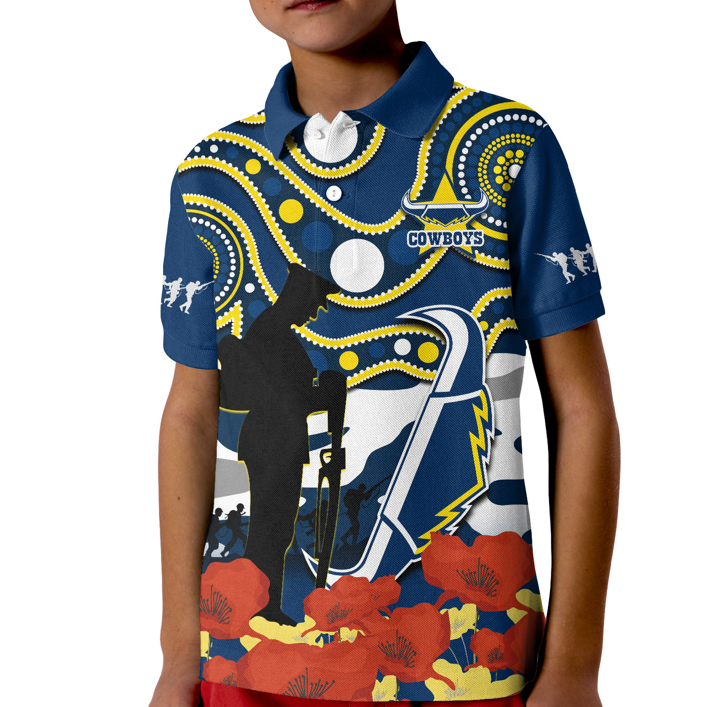 Cowboys Rugby ANZAC 2023 Polo Shirt KID Australian Army Aboriginal Lest We Forget - Vibe Hoodie Shop
