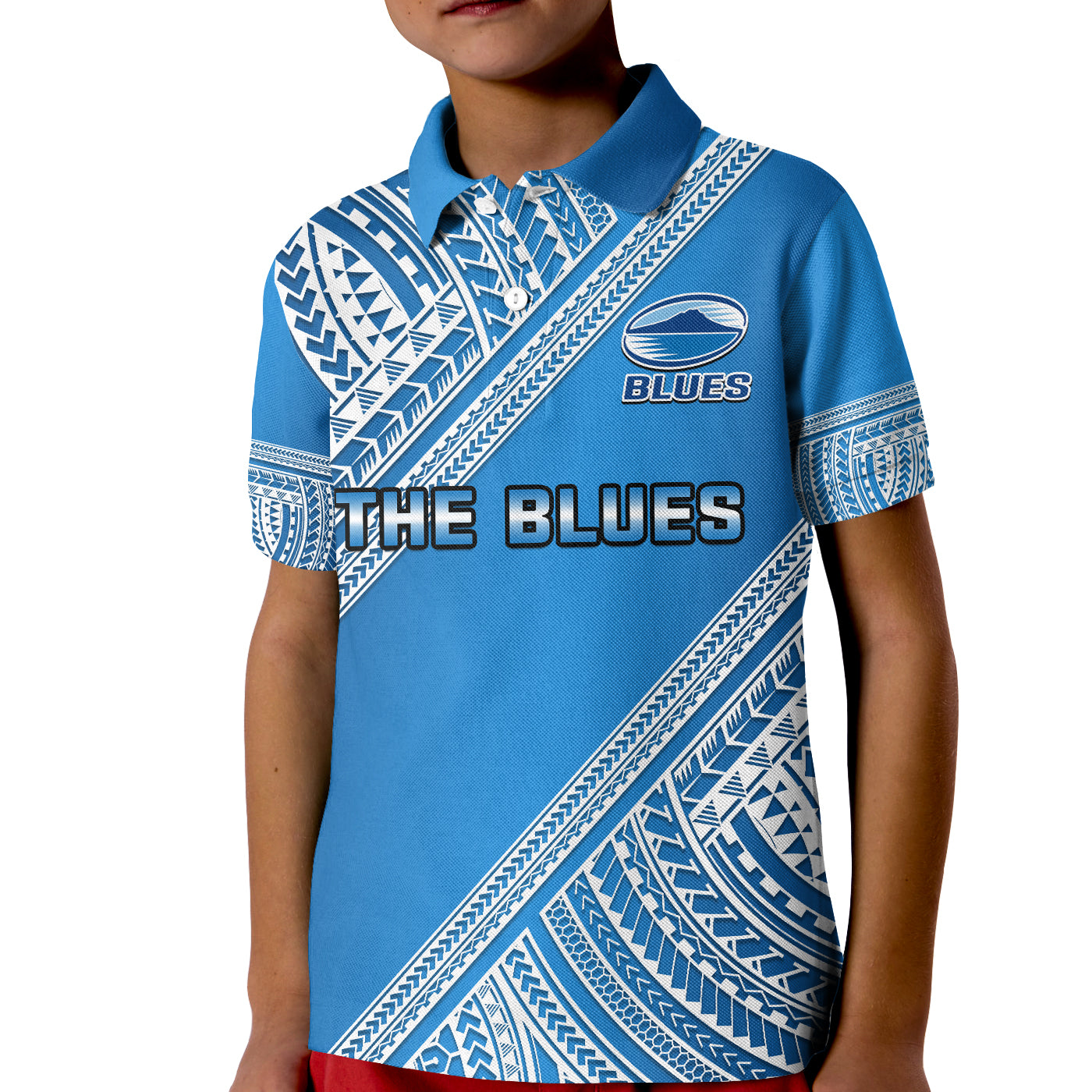 (Custom Text And Number) Blues Rugby Polo Shirt KID Aotearoa Super Auckland Polynesian Pattern - Vibe Hoodie Shop