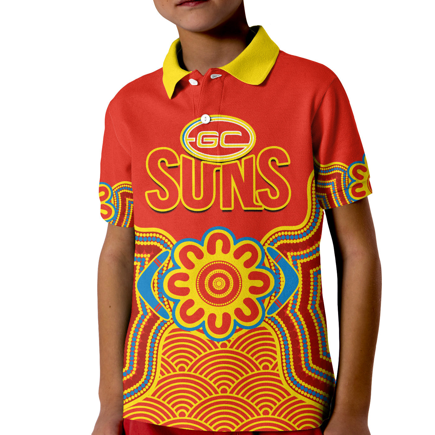 (Custom Text And Number) Gold Coast Football Polo Shirt KID Suns Indigenous Pattern - Vibe Hoodie Shop