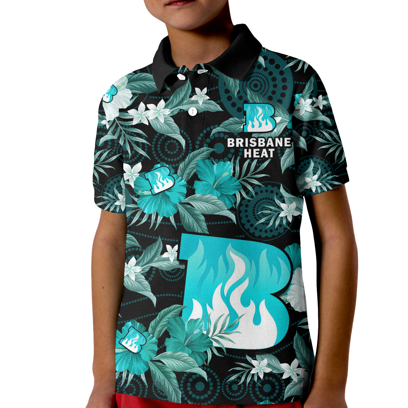 (Custom Text And Number) Brisbane Heat Cricket Polo Shirt KID Aboriginal Art Mix Tropical Flowers - Vibe Hoodie Shop