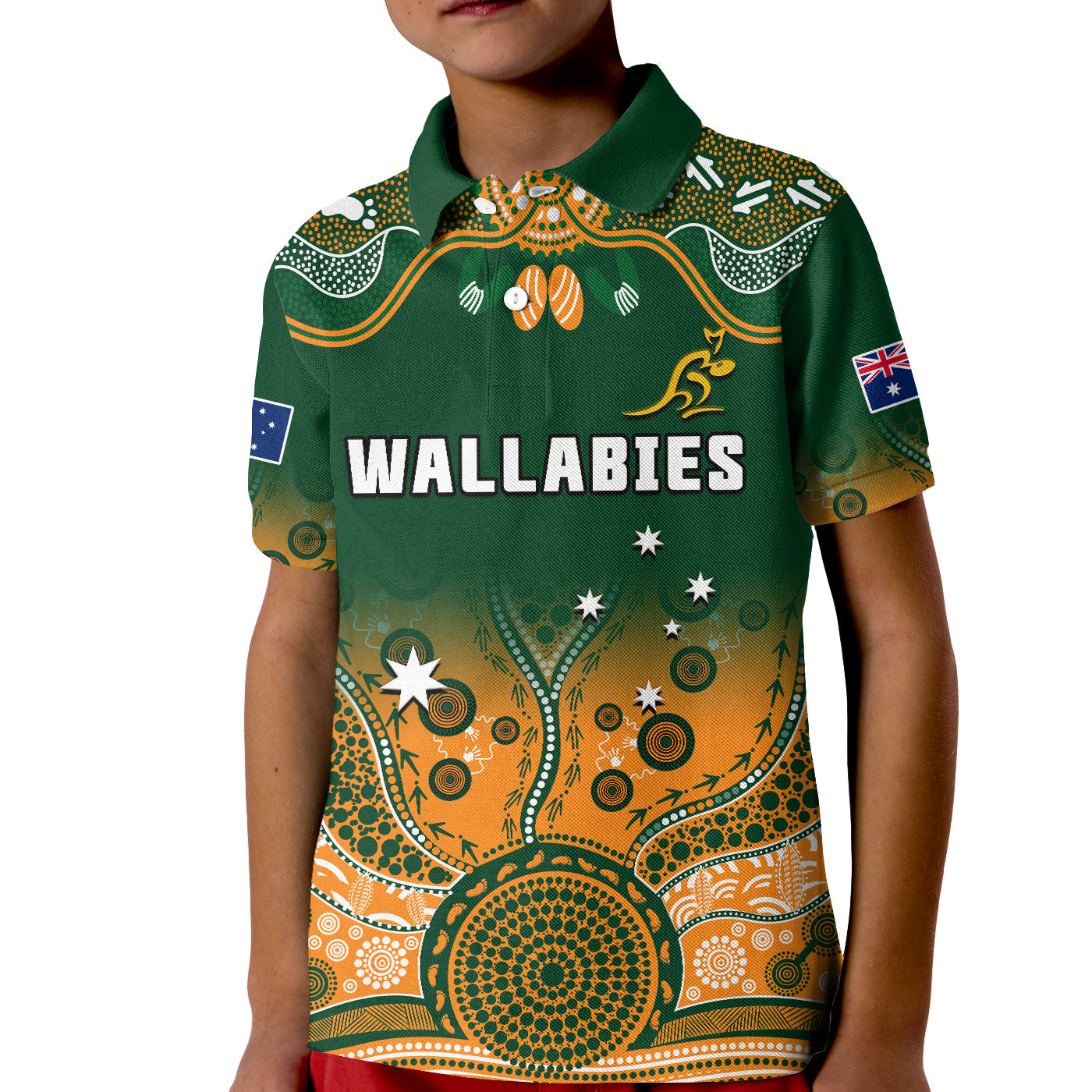 (Custom Text And Number) Australia Rugby Polo Shirt KID Wallabies Kangaroo Green Aboriginal - Vibe Hoodie Shop