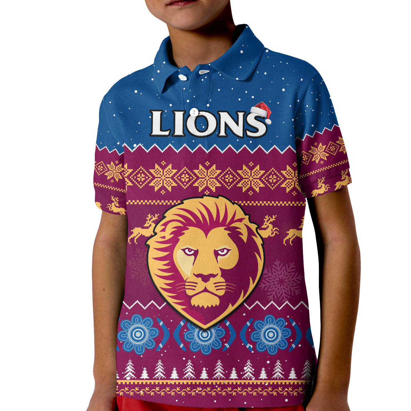 (Custom Personalised) Brisbane Football Polo Shirt KID Lions Indigenous Merry Christmas - Vibe Hoodie Shop