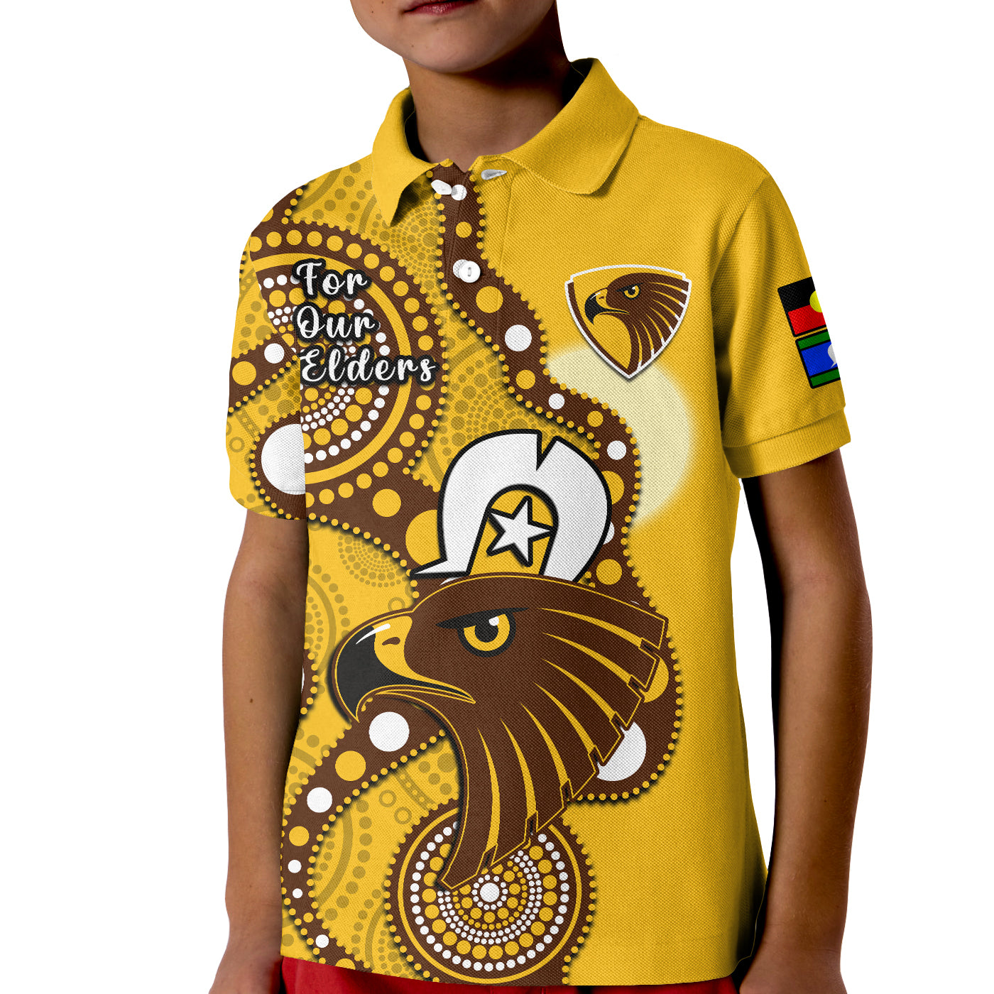 (Custom Text And Number) Hawthorn Football NAIDOC 2023 Polo Shirt KID Hawks For Our Elders Indigenous - Vibe Hoodie Shop