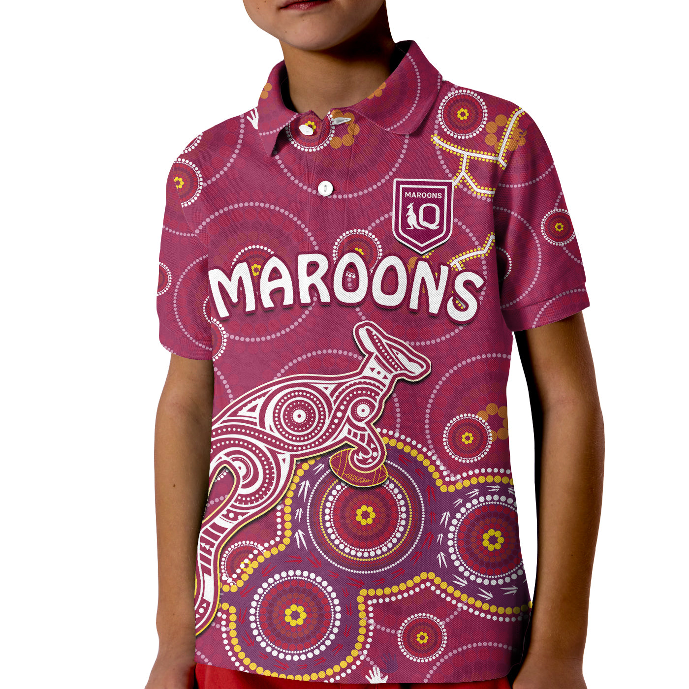 (Custom Text And Number) Maroons Rugby Polo Shirt KID Kangaroo Indigenous Pattern Unique Version - Vibe Hoodie Shop