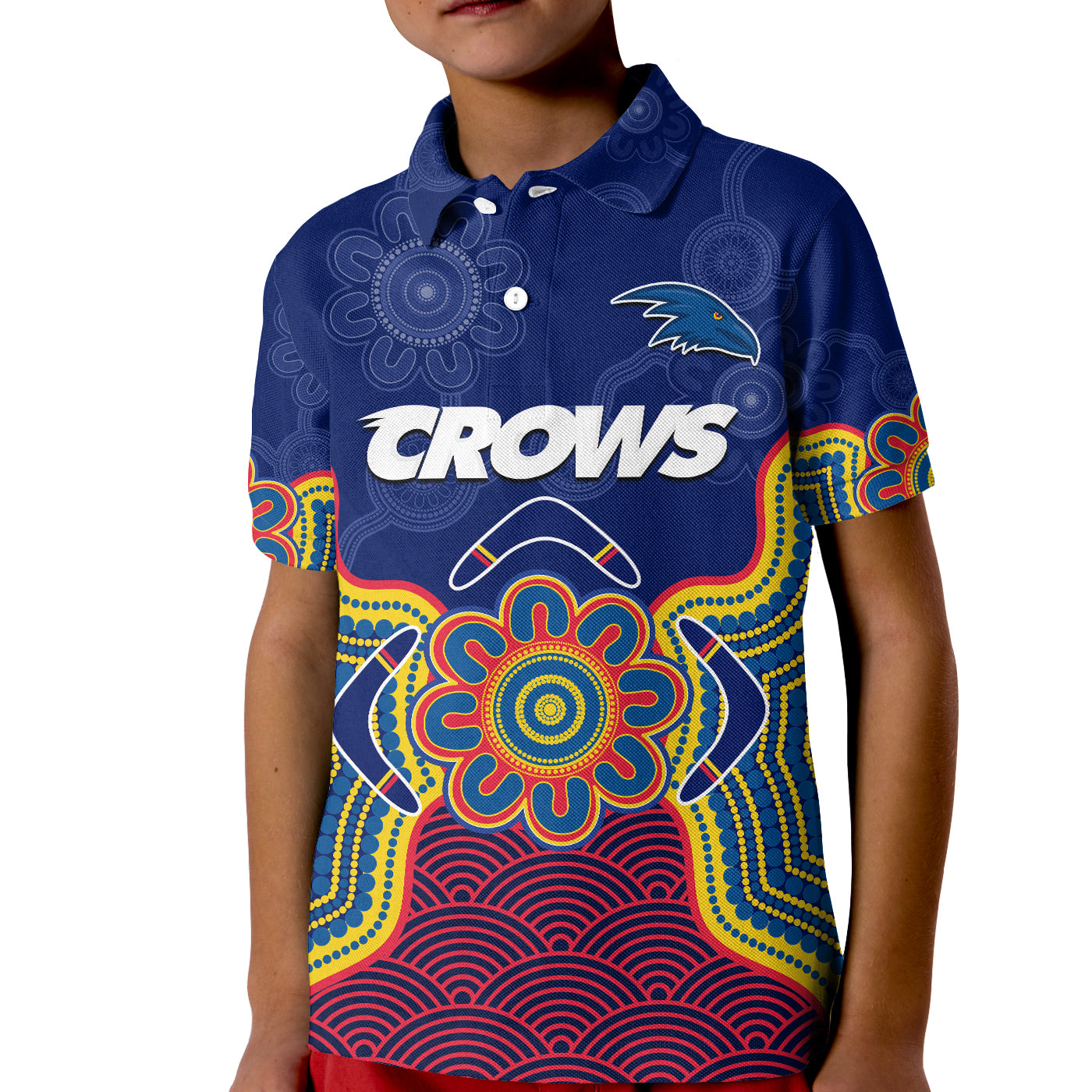 (Custom Text And Number) Adelaide Football Polo Shirt KID Crows Aboriginal Art - Vibe Hoodie Shop