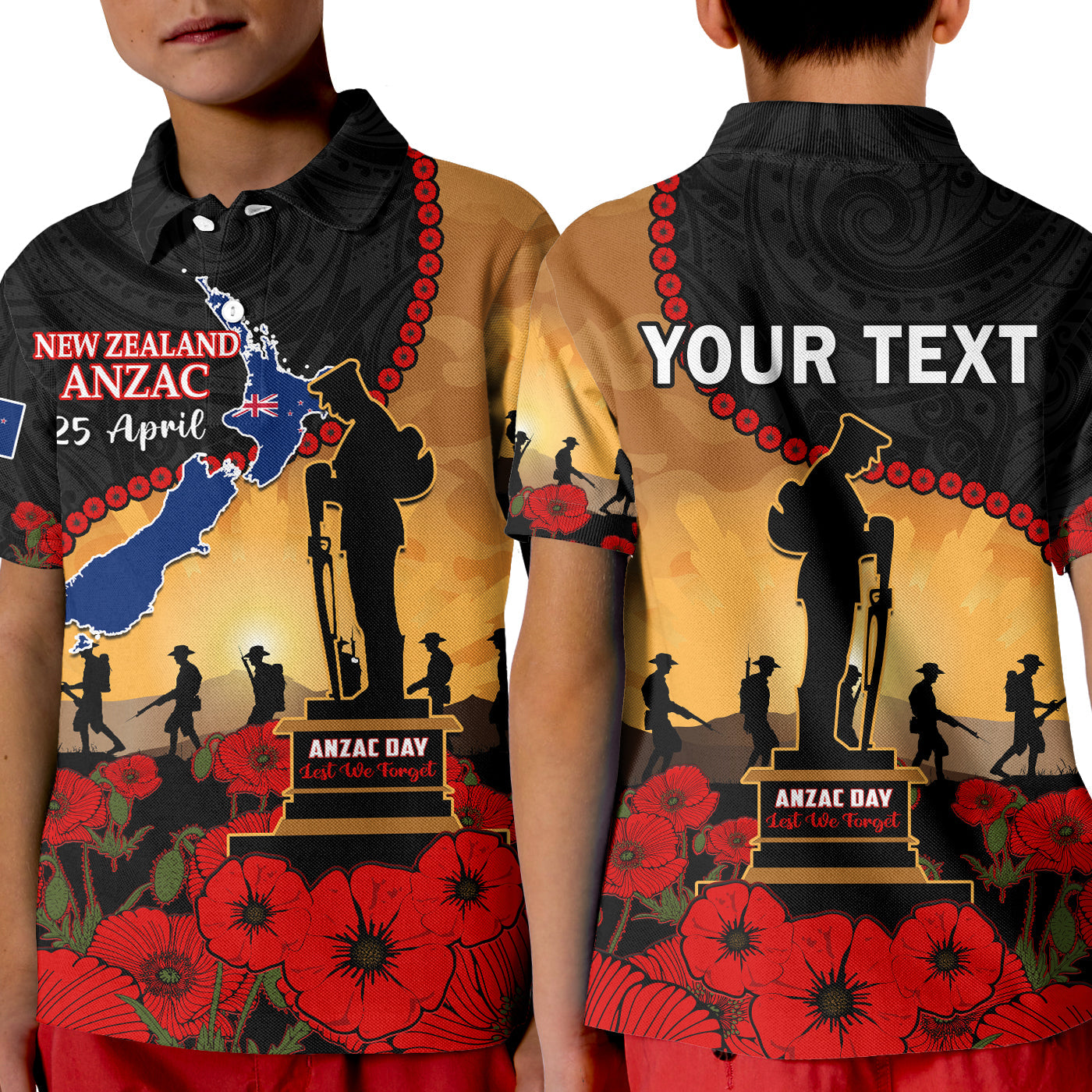 (Custom Personalised) New Zealand Anzac Polo Shirt KID Maori Camouflage Mix Poppies We Will Remember Them - Vibe Hoodie Shop