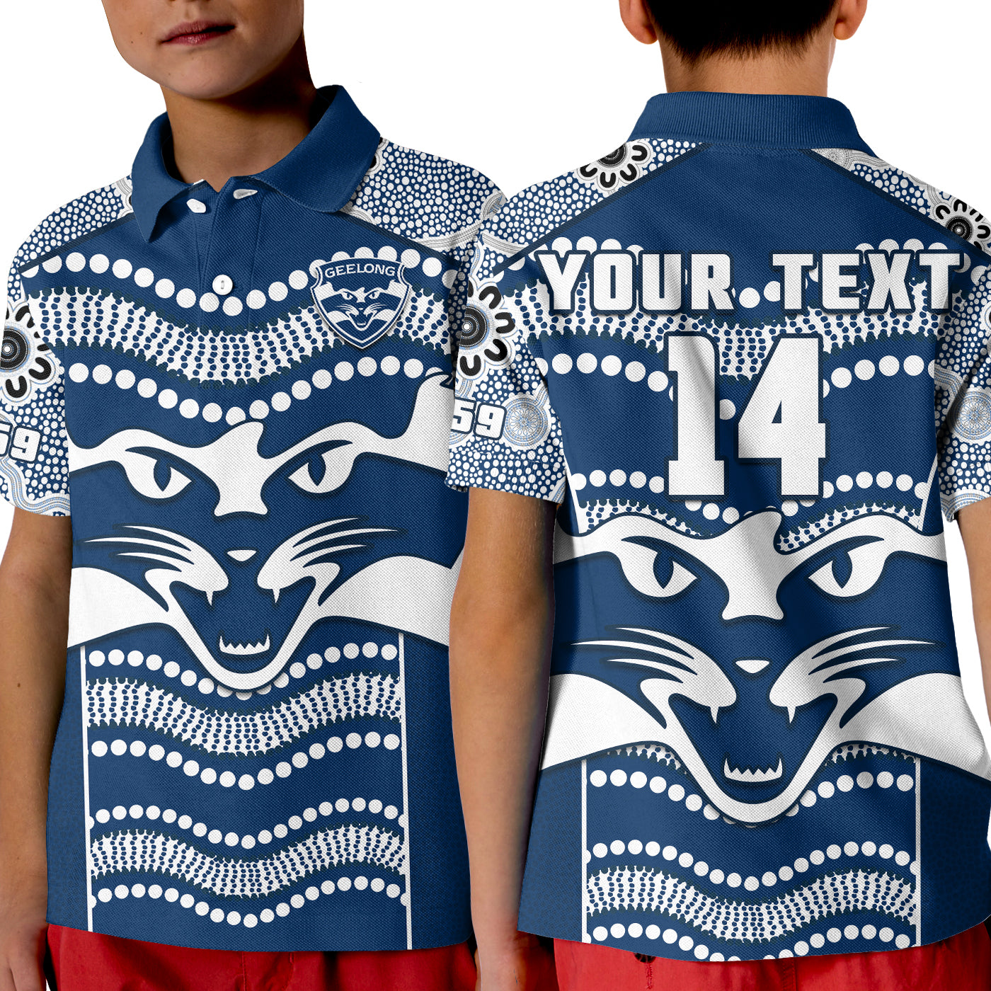 (Custom Text And Number) Cats Football Polo Shirt KID Geelong 1859 Indigenous Sporty Version - Vibe Hoodie Shop