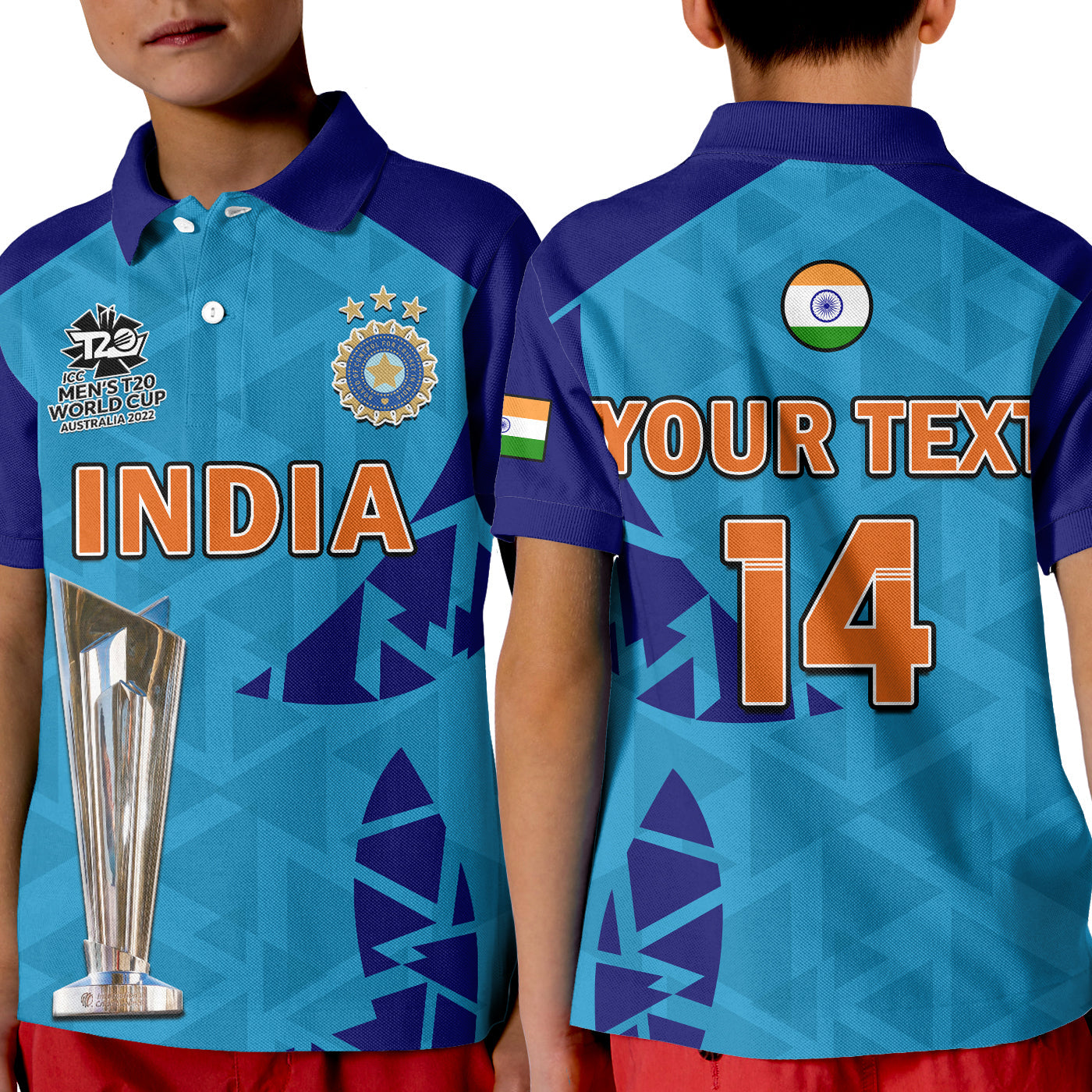 (Custom Text And Number) India Cricket Polo Shirt KID Men In Blue Champions Mens T20 WC 2022 - Vibe Hoodie Shop