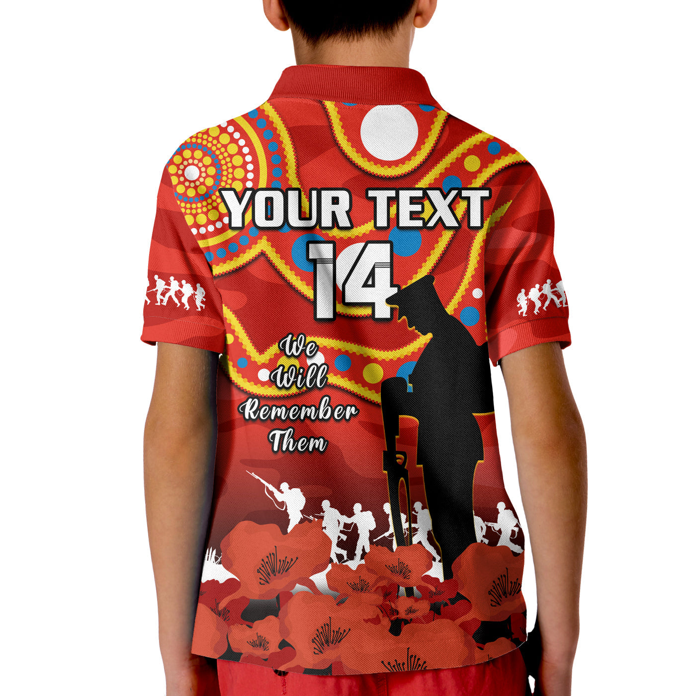 (Custom Text And Number) Gold Coast Football ANZAC 2023 Polo Shirt KID Suns Aboriginal Mix Poppy Camouflage - Vibe Hoodie Shop