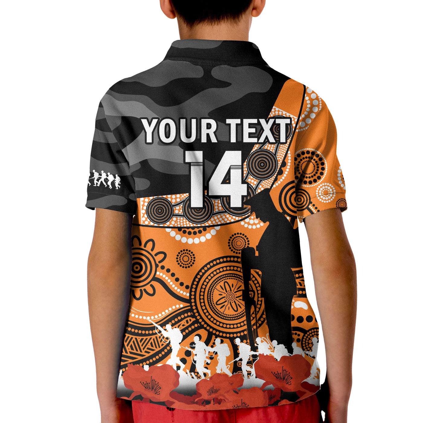 (Custom Text And Number) Giants Football ANZAC 2023 Polo Shirt KID GWS Aboriginal Mix Poppy Camouflage - Vibe Hoodie Shop