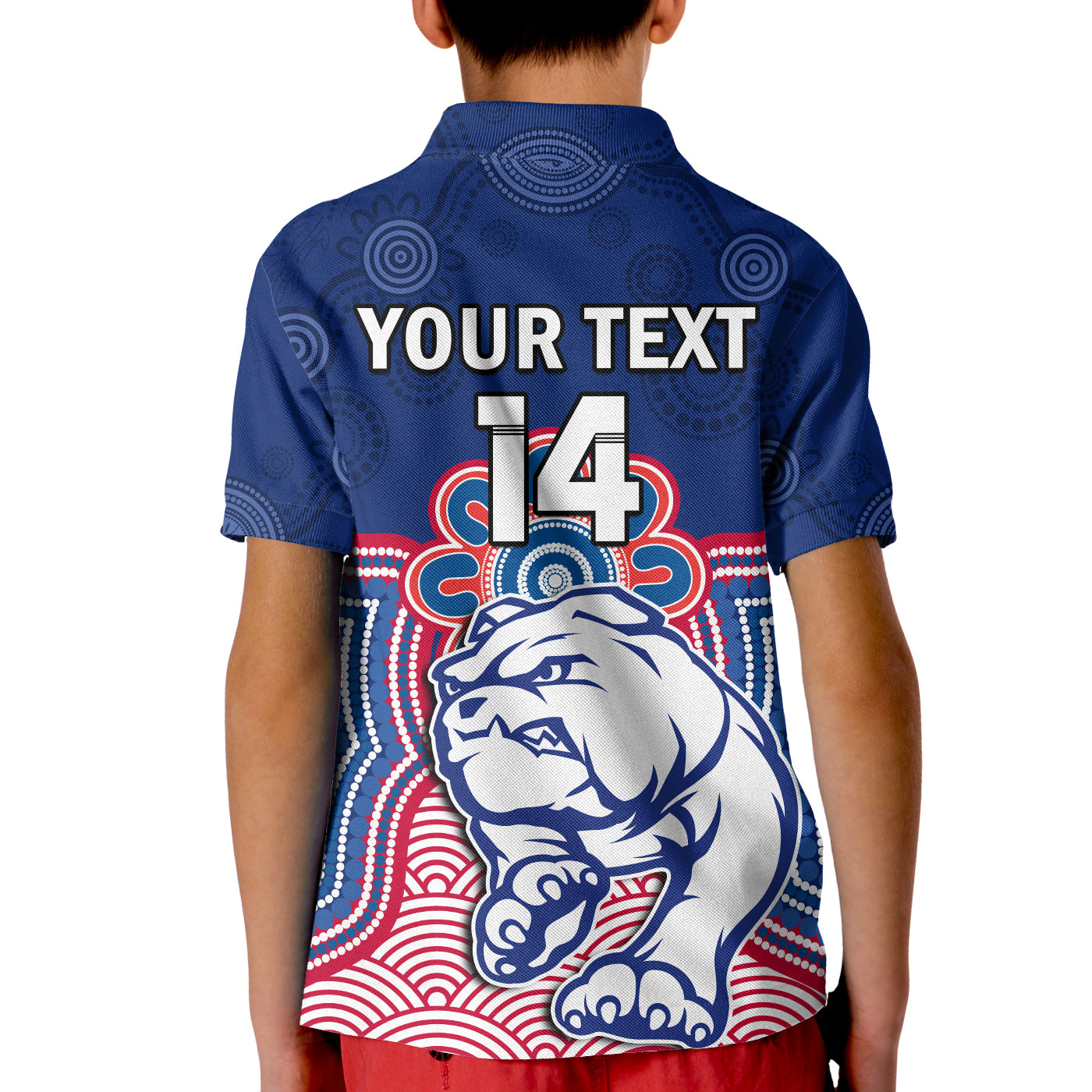 (Custom Text And Number) Bulldogs Football Polo Shirt KID Western Doggies Aboriginal Art - Vibe Hoodie Shop