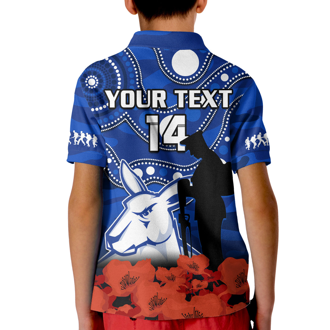 (Custom Text And Number) North Melbourne Football ANZAC 2023 Polo Shirt KID Kangaroos Aboriginal Mix Poppy Camouflage - Vibe Hoodie Shop