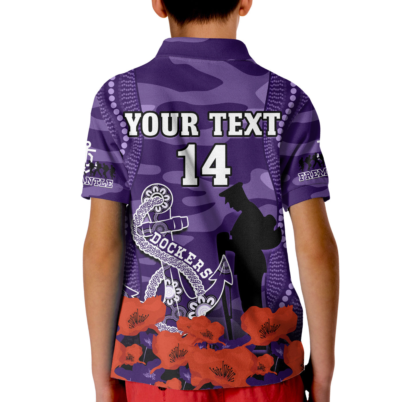 (Custom Text And Number) Dockers Football ANZAC 2023 Polo Shirt KID Aboriginal Mix Poppy Camouflage - Vibe Hoodie Shop