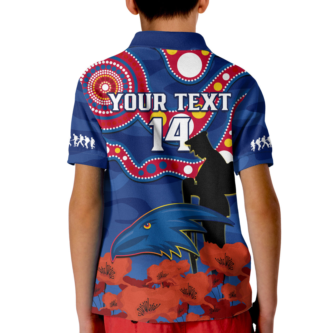 (Custom Text And Number) Adelaide Football ANZAC 2023 Polo Shirt KID Crows Aboriginal Mix Poppy Camouflage - Vibe Hoodie Shop