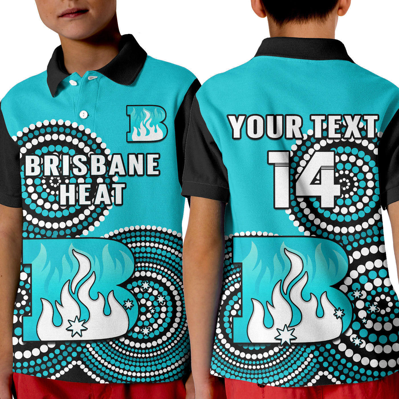 (Custom Text And Number) Brisbane Heat Cricket Polo Shirt KID Champions BBL12 Proud Indigenous Art - Vibe Hoodie Shop