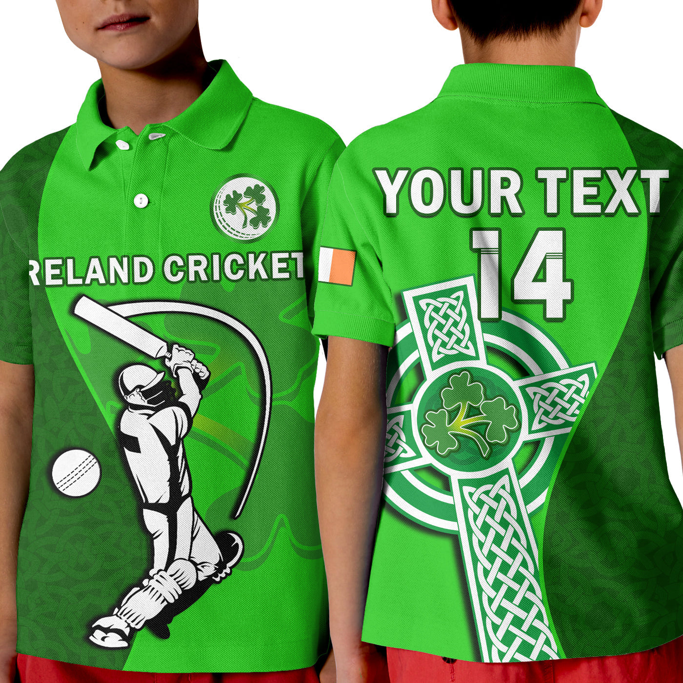 (Custom Text And Number) Ireland Cricket Polo Shirt KID Irish Flag Celtic Cross Sporty Style - Vibe Hoodie Shop