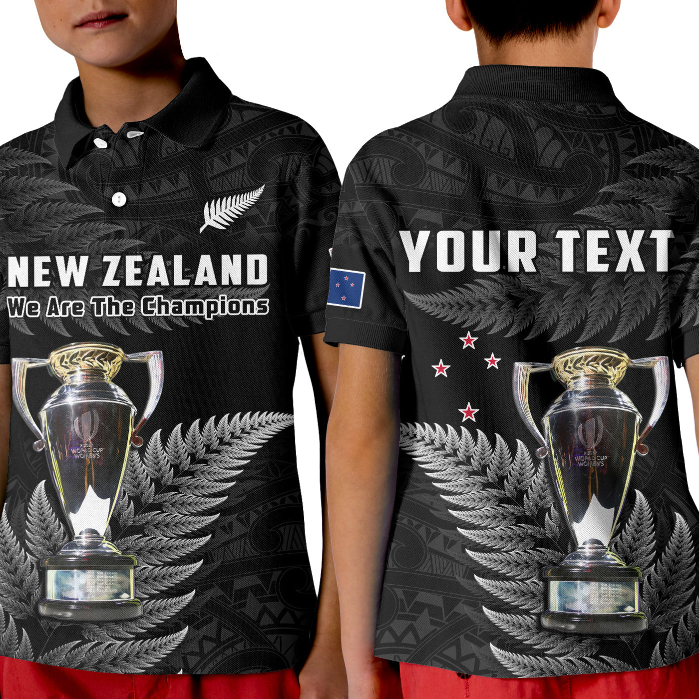 (Custom Personalised) New Zealand 2022 Rugby Polo Shirt KID Black Fern Proud Champions RWC - Vibe Hoodie Shop