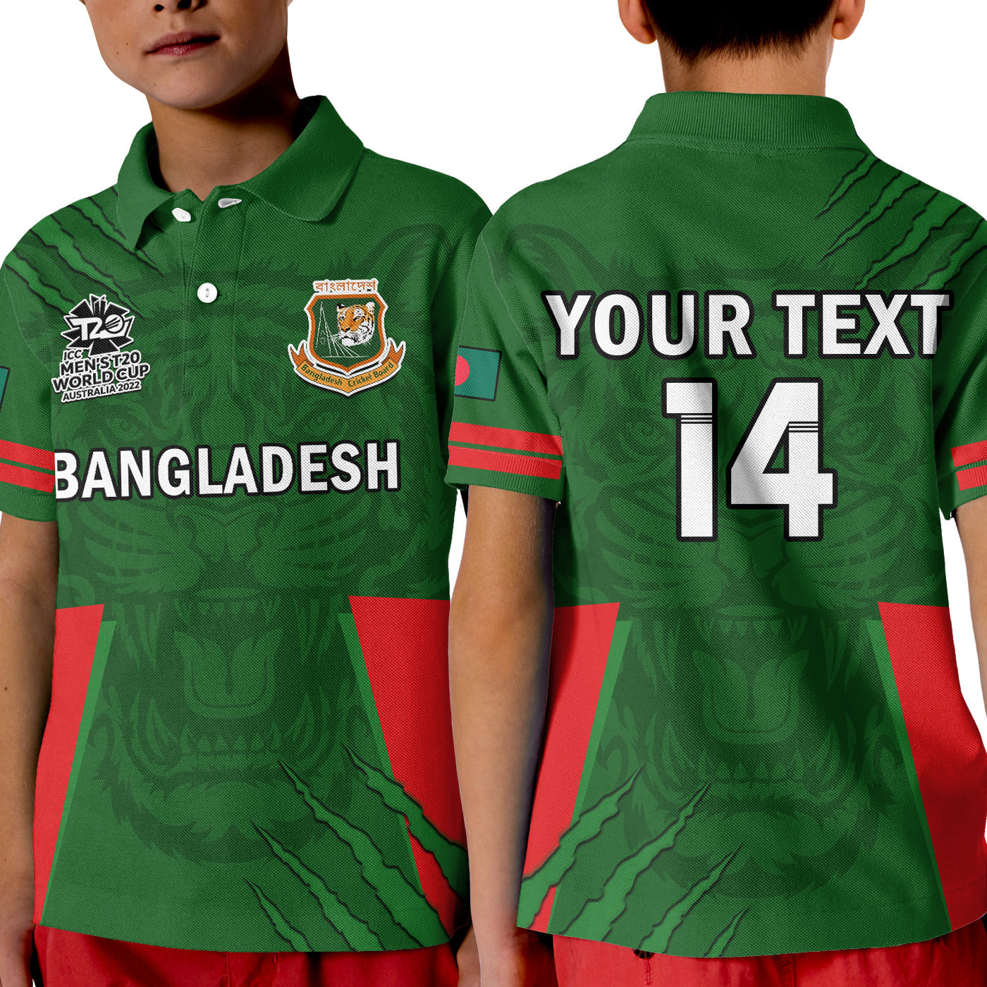 (Custom Text And Number) Bangladesh Cricket Polo Shirt KID Tigers 2022 Mens T20 World Cup - Vibe Hoodie Shop