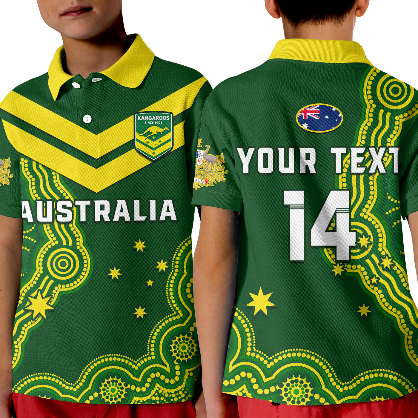 (Custom Text And Number) Australia Rugby Polo Shirt KID The Kangaroos Champions Pacific Indigenous - Vibe Hoodie Shop